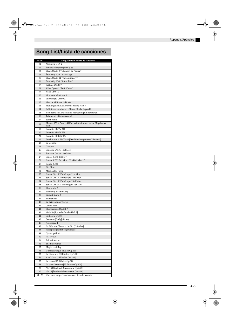Song list/lista de canciones | Casio PX-800 User Manual | Page 51 / 53