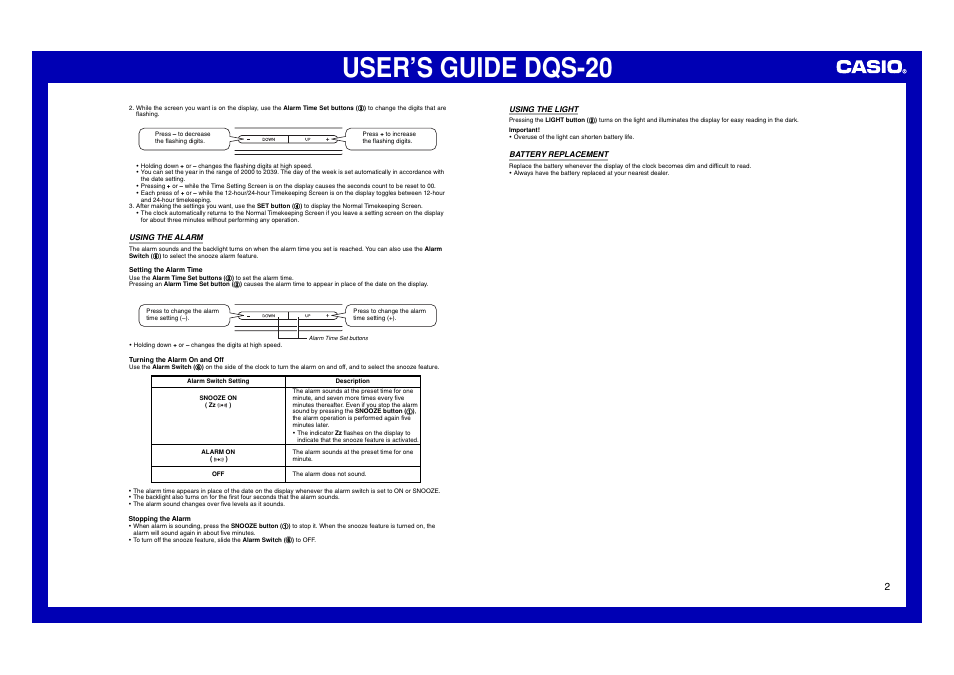 Using the alarm, Using the light, Battery replacement | User’s guide dqs-20 | Casio DQS-20 User Manual | Page 2 / 2