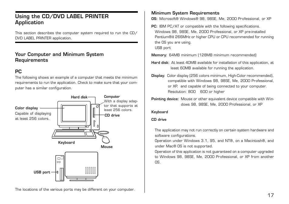 Using the cd/dvd label printer application, Your computer and minimum system requirements, Your computer and minimum system requirements pc | Casio LPCW-50 User Manual | Page 18 / 85