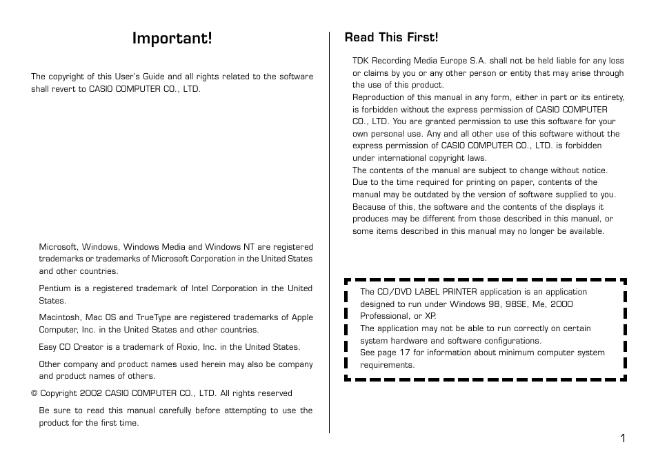 Important, Read this first | Casio LPCW-50 User Manual | Page 2 / 85