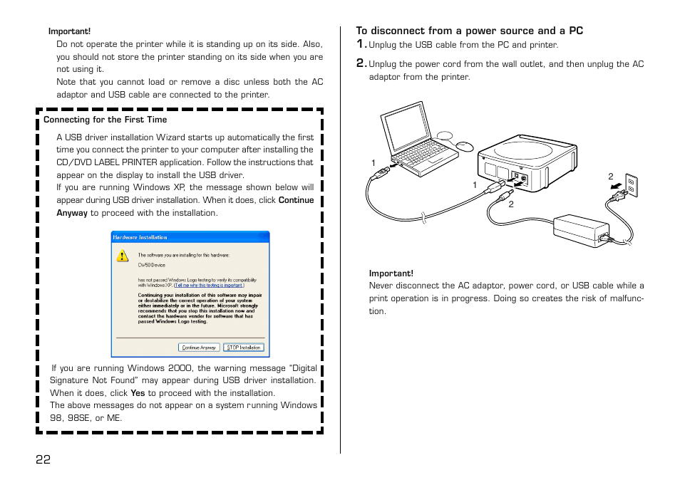 To disconnect from a power source and a pc | Casio LPCW-50 User Manual | Page 23 / 85