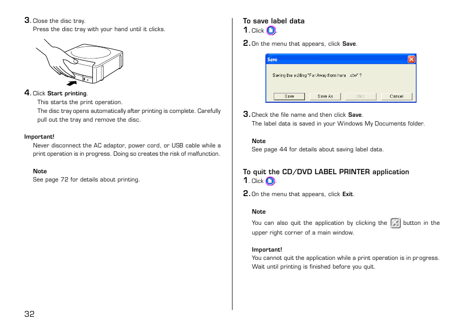 To save label data, To quit the cd/dvd label printer application | Casio LPCW-50 User Manual | Page 33 / 85