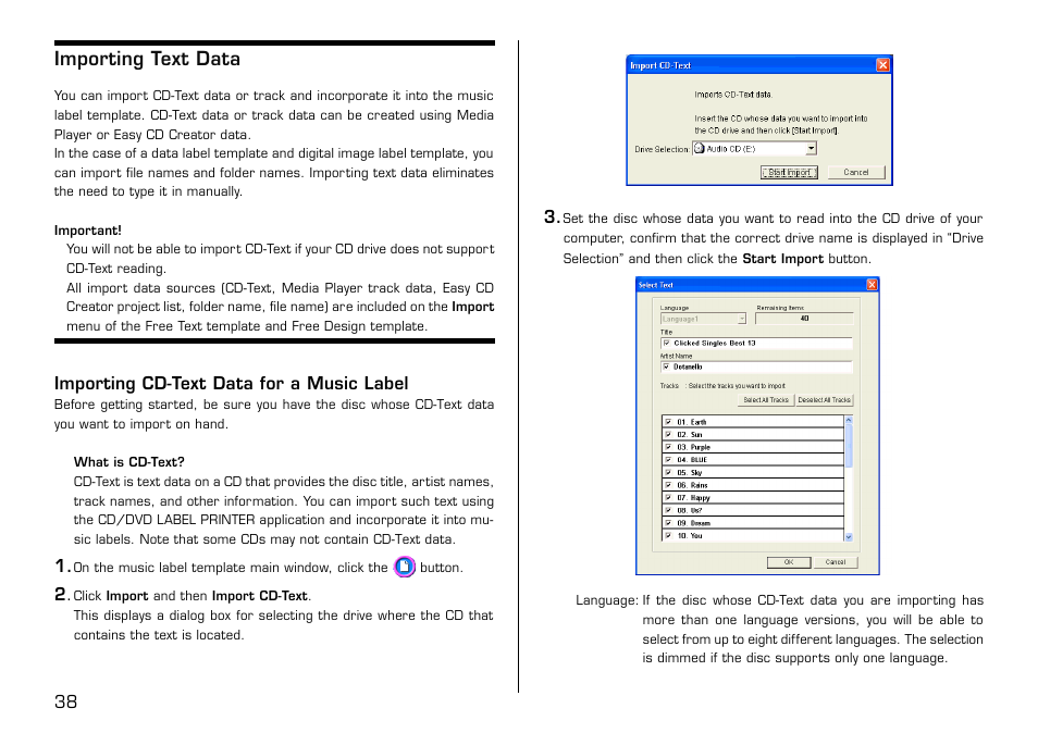 Importing text data, Importing cd-text data for a music label | Casio LPCW-50 User Manual | Page 39 / 85