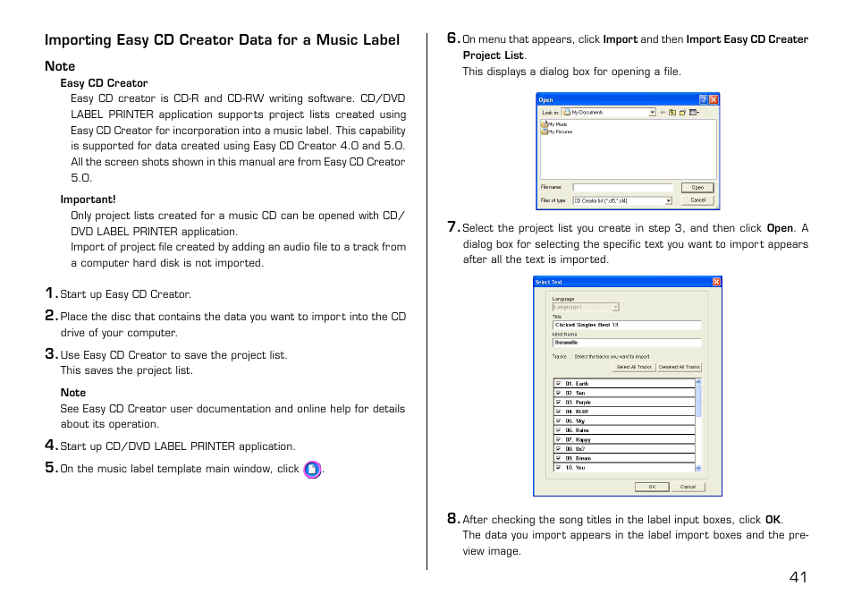 Importing easy cd creator data for a music label | Casio LPCW-50 User Manual | Page 42 / 85
