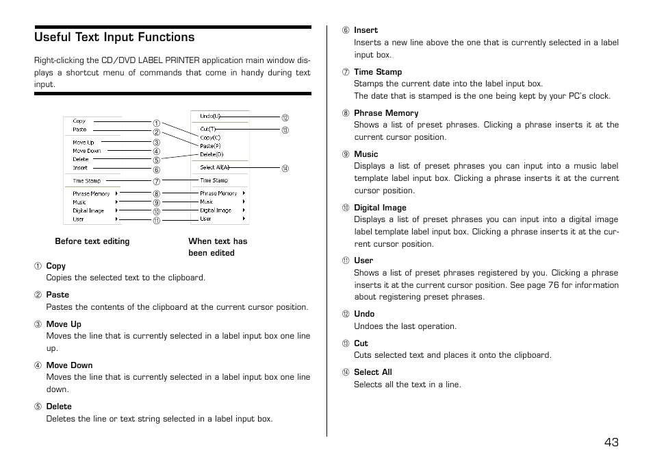 Useful text input functions | Casio LPCW-50 User Manual | Page 44 / 85