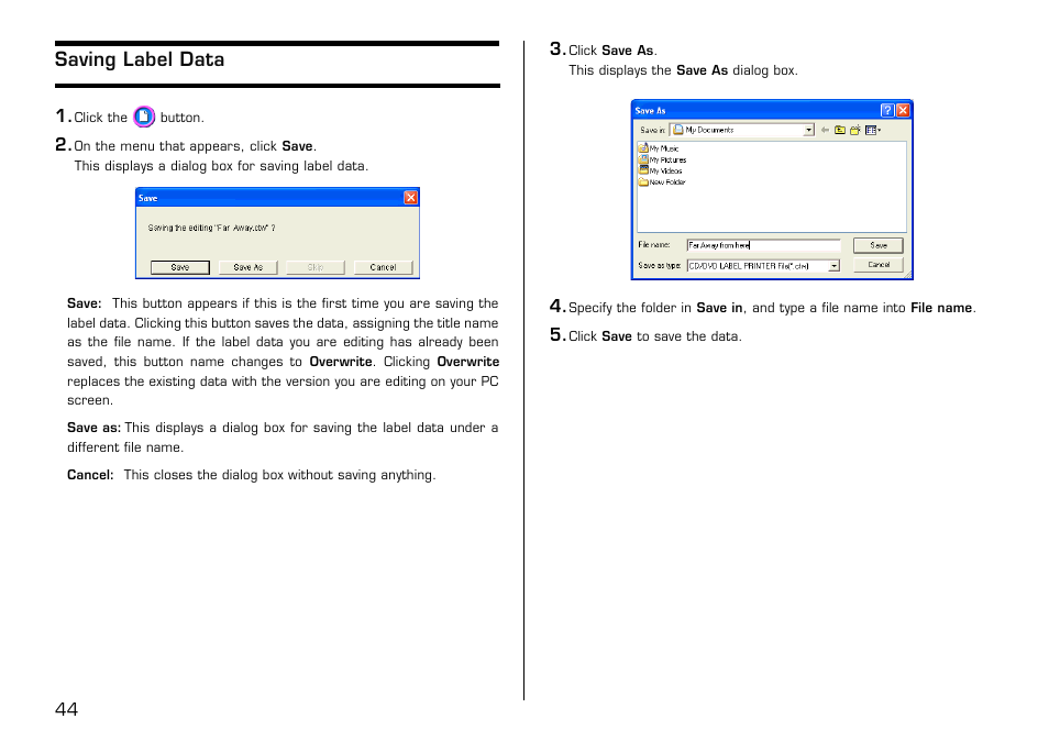 Saving label data | Casio LPCW-50 User Manual | Page 45 / 85