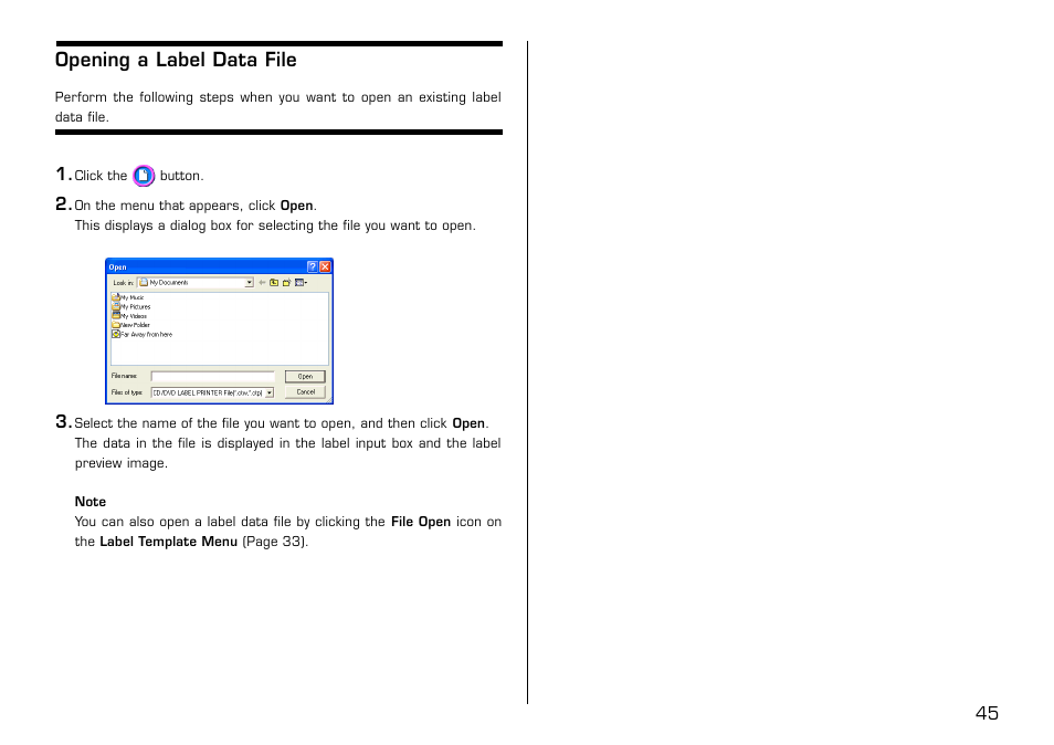 Opening a label data file | Casio LPCW-50 User Manual | Page 46 / 85