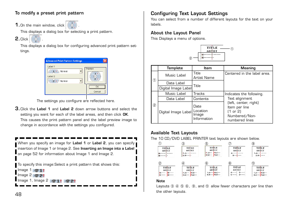 Configuring text layout settings, 48 configuring text layout settings | Casio LPCW-50 User Manual | Page 49 / 85