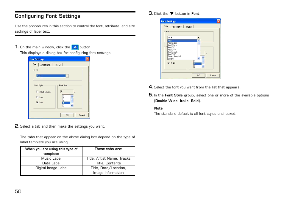 Configuring font settings | Casio LPCW-50 User Manual | Page 51 / 85