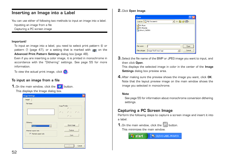 Inserting an image into a label, To input an image from a file, Capturing a pc screen image | Casio LPCW-50 User Manual | Page 53 / 85