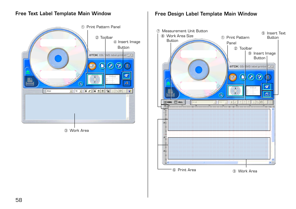 Free text label template main window, Free design label template main window | Casio LPCW-50 User Manual | Page 59 / 85