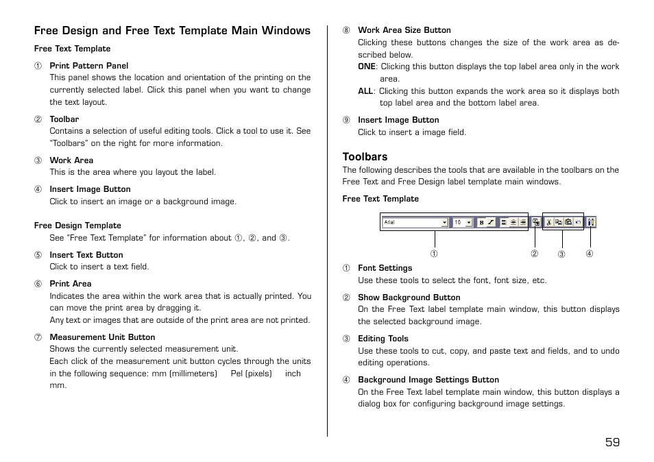 Free design and free text template main windows, Toolbars, 59 free design and free text template main windows | Casio LPCW-50 User Manual | Page 60 / 85