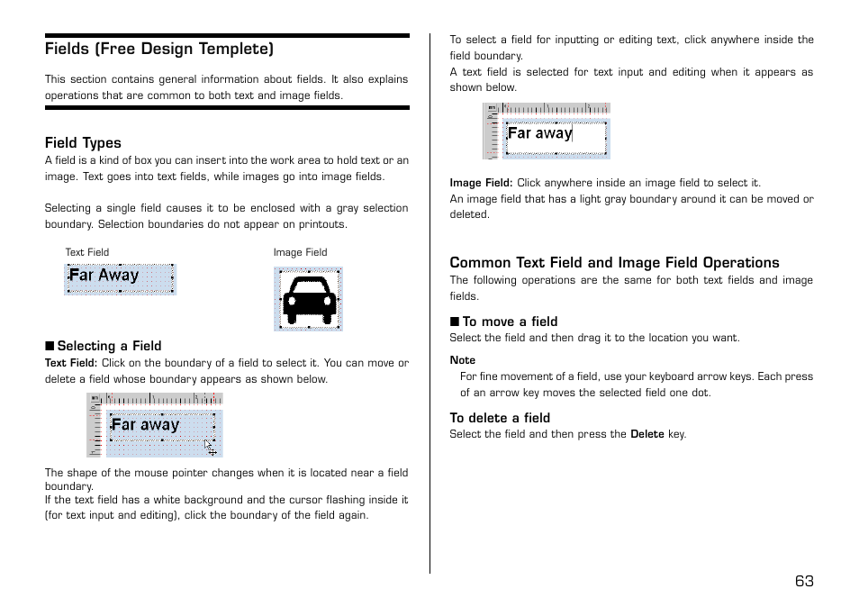 Fields (free design templete), Field types, Common text field and image field operations | Casio LPCW-50 User Manual | Page 64 / 85