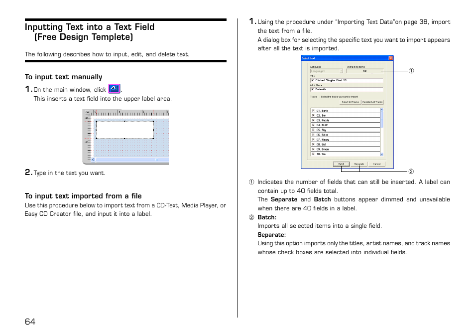 To input text manually, To input text imported from a file | Casio LPCW-50 User Manual | Page 65 / 85