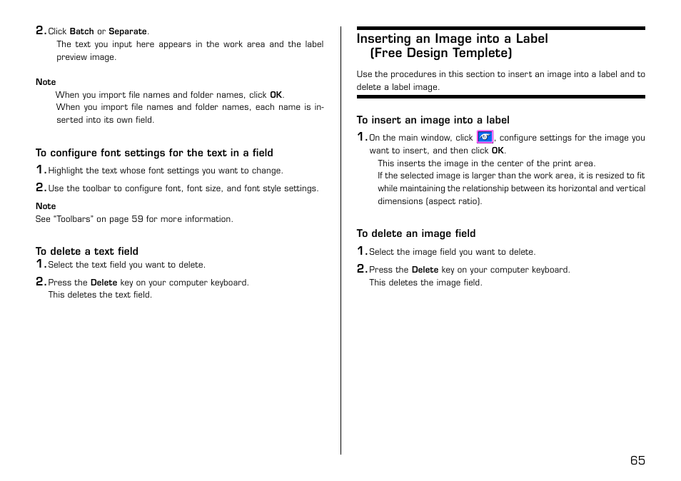 To configure font settings for the text in a field, To delete a text field, To insert an image into a label | To delete an image field | Casio LPCW-50 User Manual | Page 66 / 85
