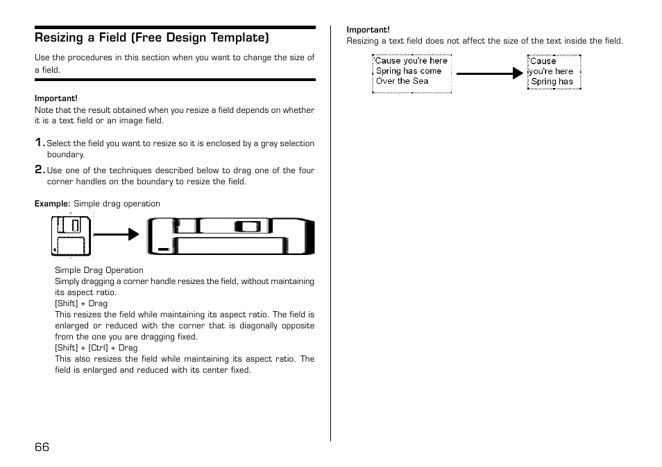 Resizing a field (free design template) | Casio LPCW-50 User Manual | Page 67 / 85