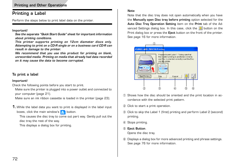 Printing and other operations, Printing a label, To print a label | Casio LPCW-50 User Manual | Page 73 / 85