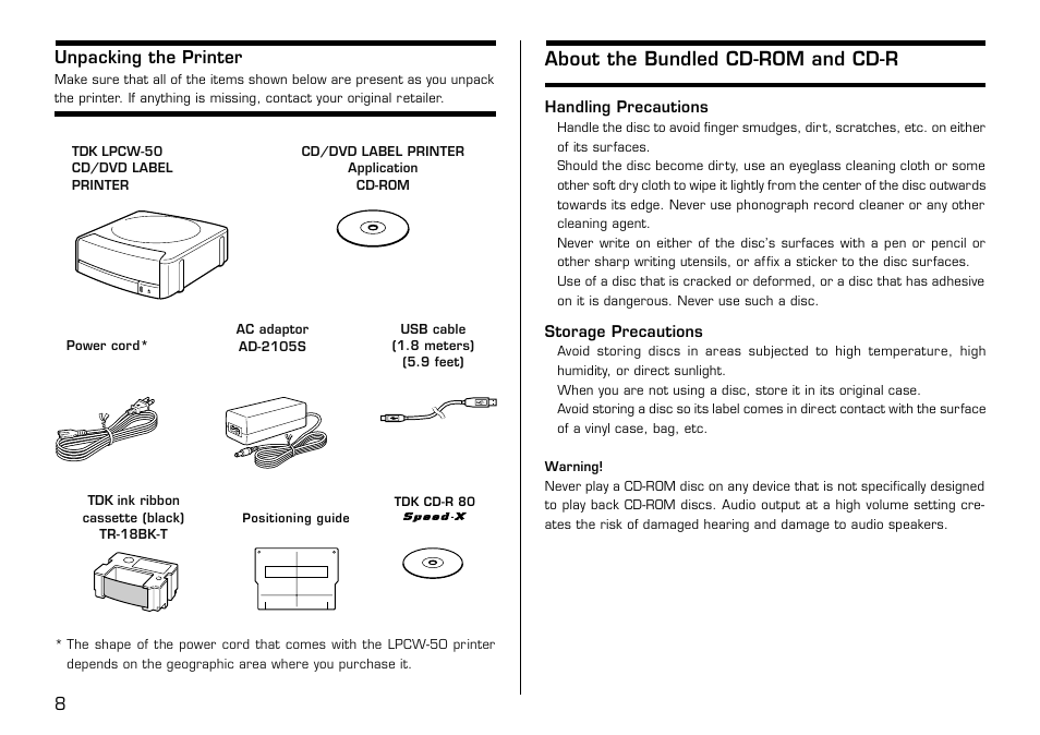 Unpacking the printer, About the bundled cd-rom and cd-r, 8unpacking the printer | Casio LPCW-50 User Manual | Page 9 / 85