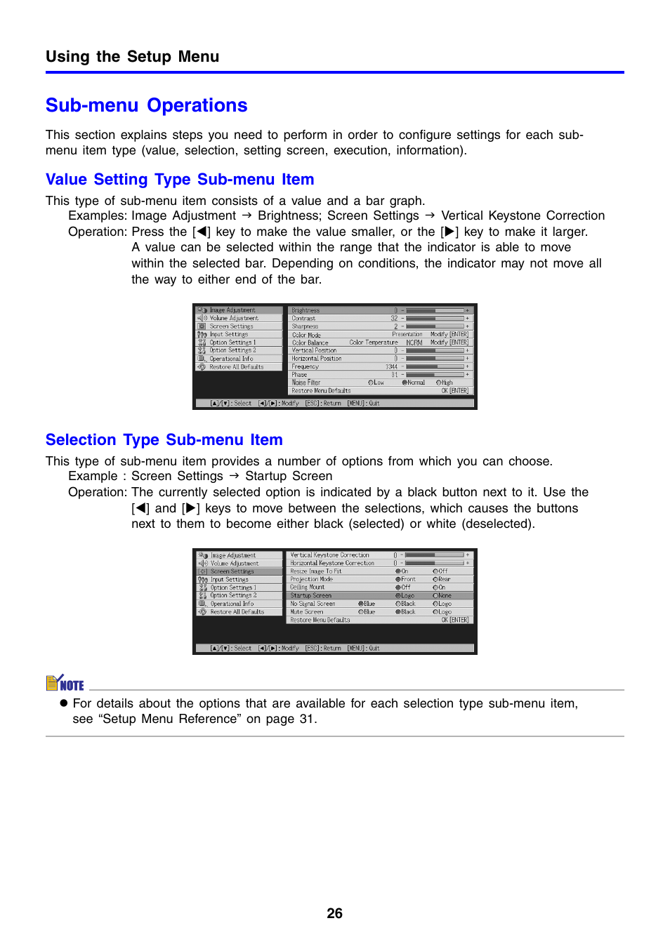 Sub-menu operations | Casio XJ-460 User Manual | Page 26 / 78