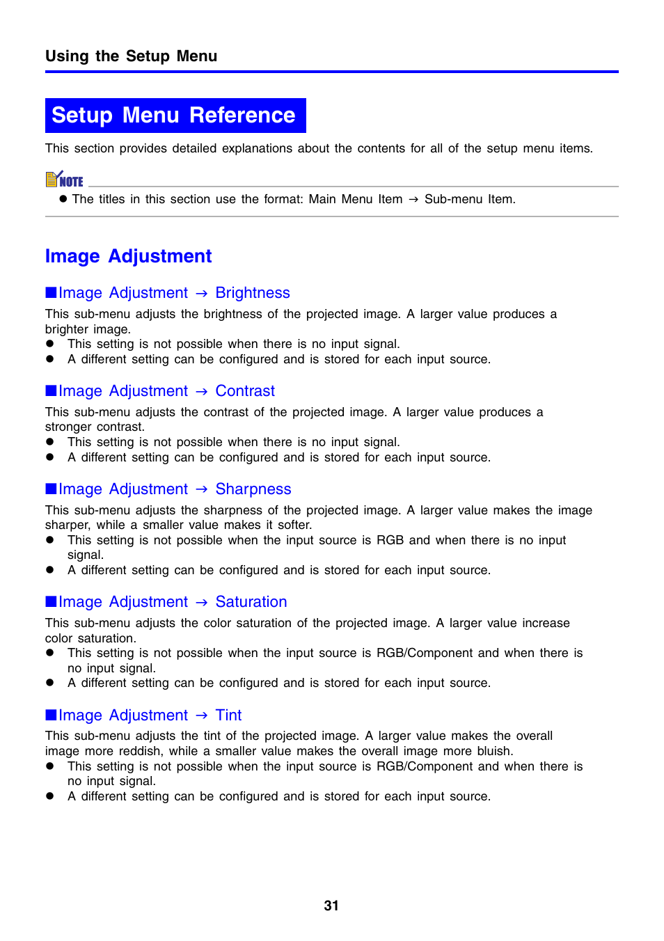 Setup menu reference, Image adjustment | Casio XJ-460 User Manual | Page 31 / 78