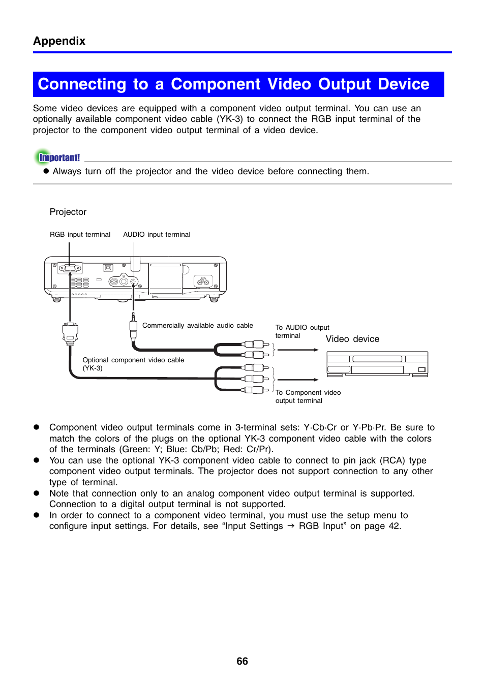 Connecting to a component video output device, Appendix | Casio XJ-460 User Manual | Page 66 / 78