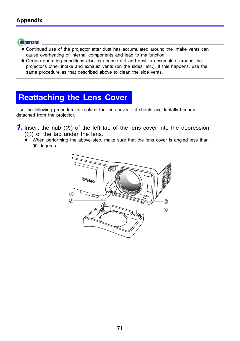 Reattaching the lens cover | Casio XJ-460 User Manual | Page 71 / 78