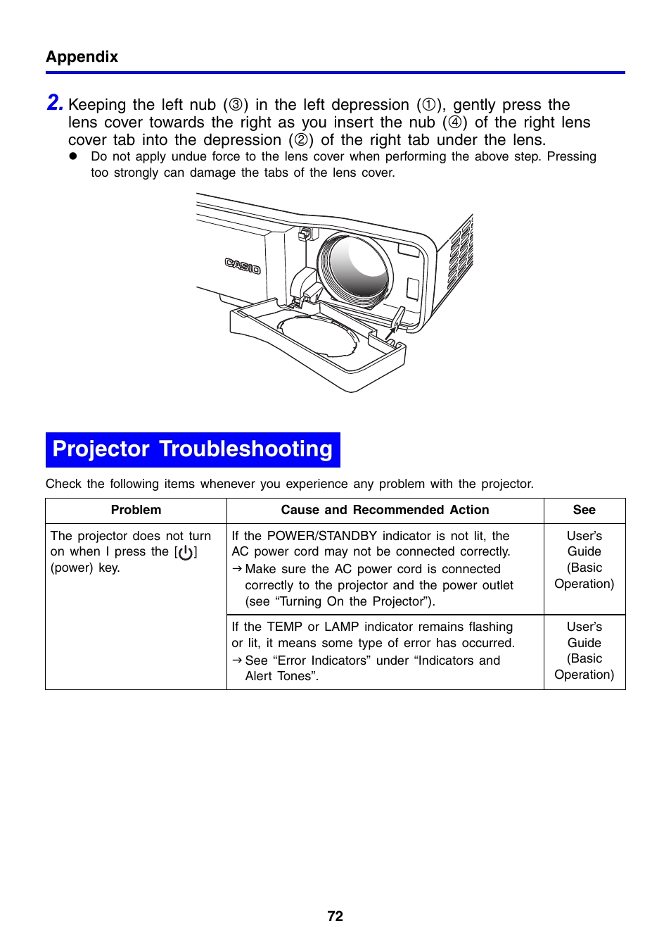 Projector troubleshooting | Casio XJ-460 User Manual | Page 72 / 78