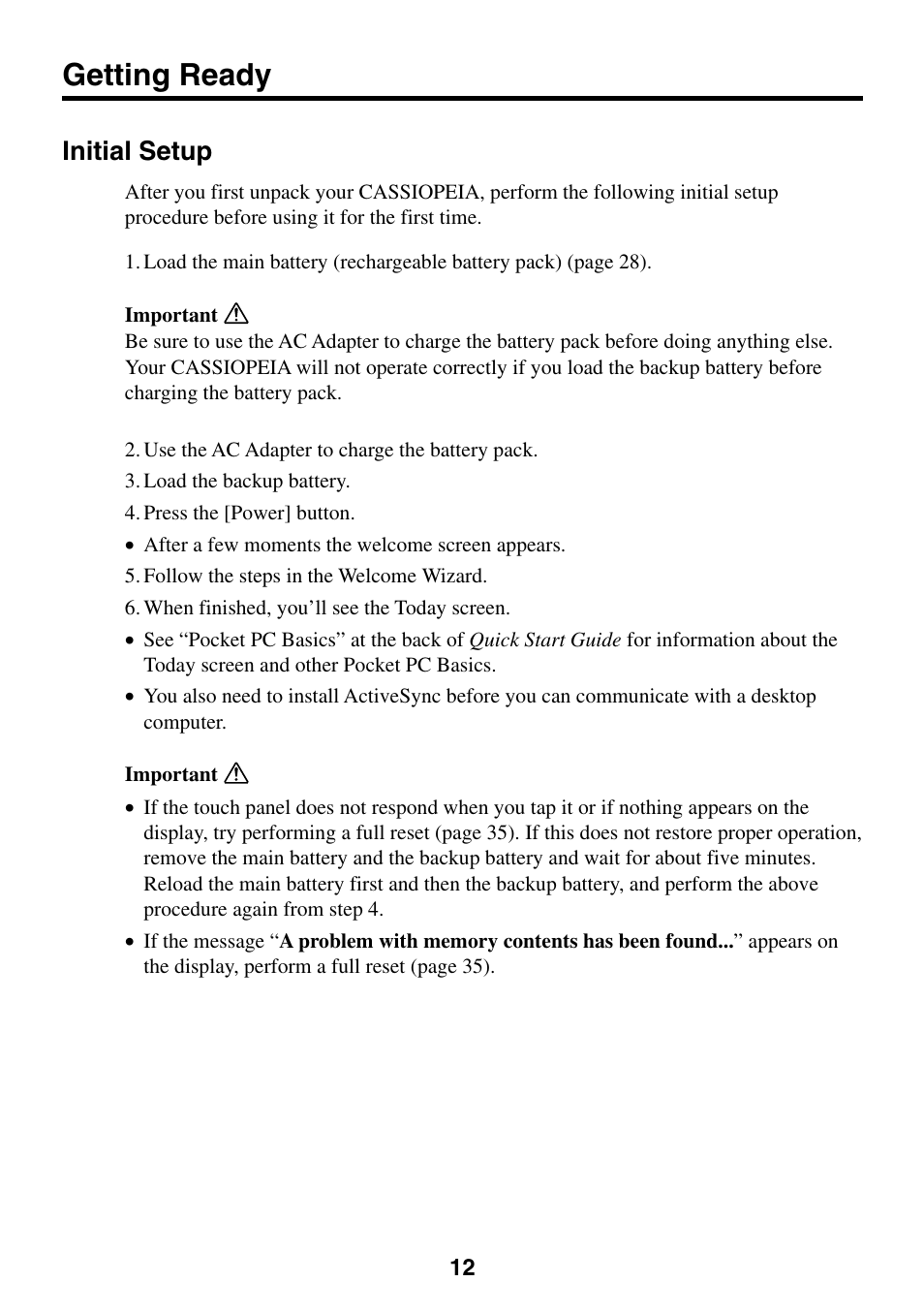 Getting ready, Initial setup | Casio Cassiopeia EM-500 User Manual | Page 12 / 45