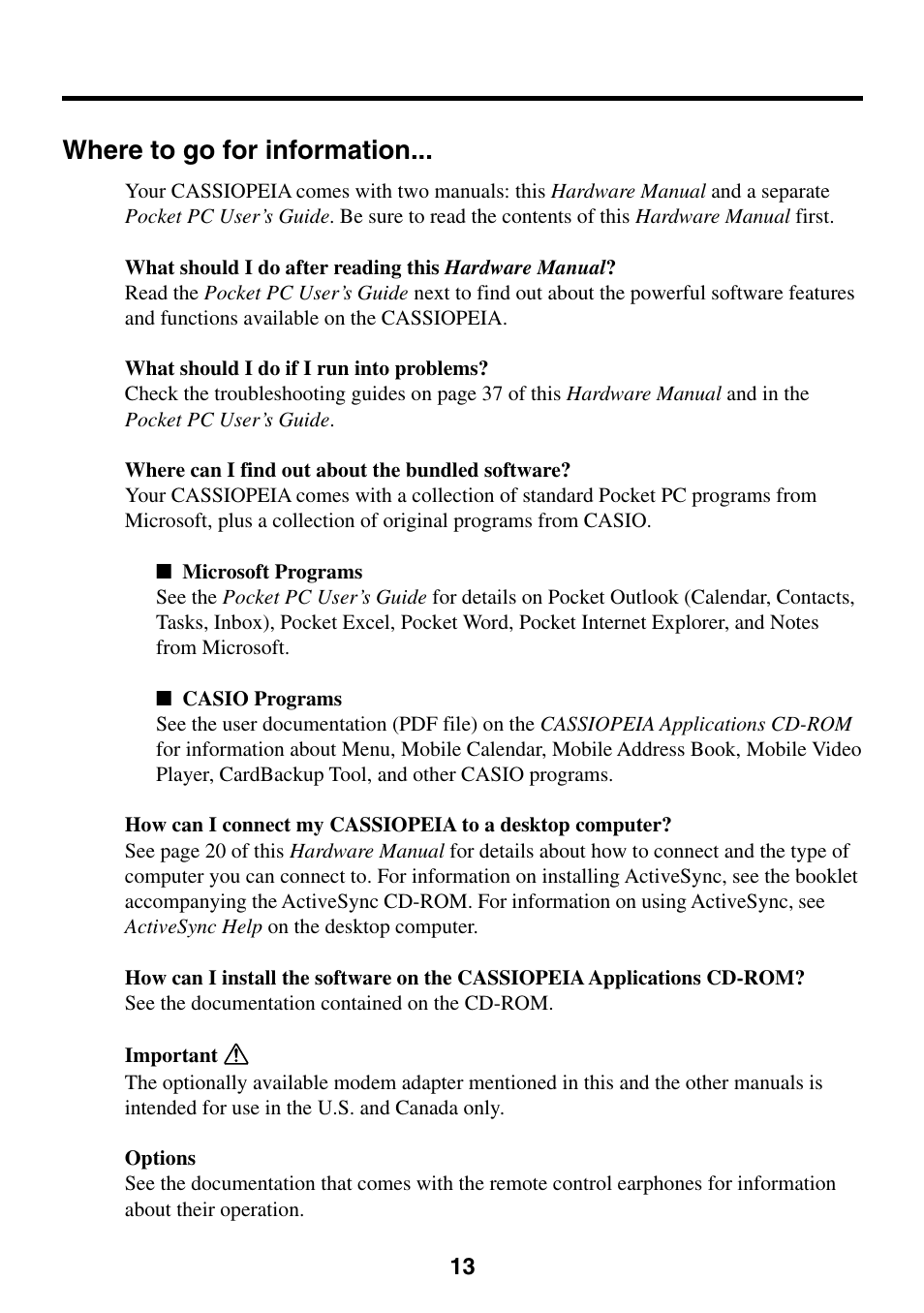 Where to go for information | Casio Cassiopeia EM-500 User Manual | Page 13 / 45