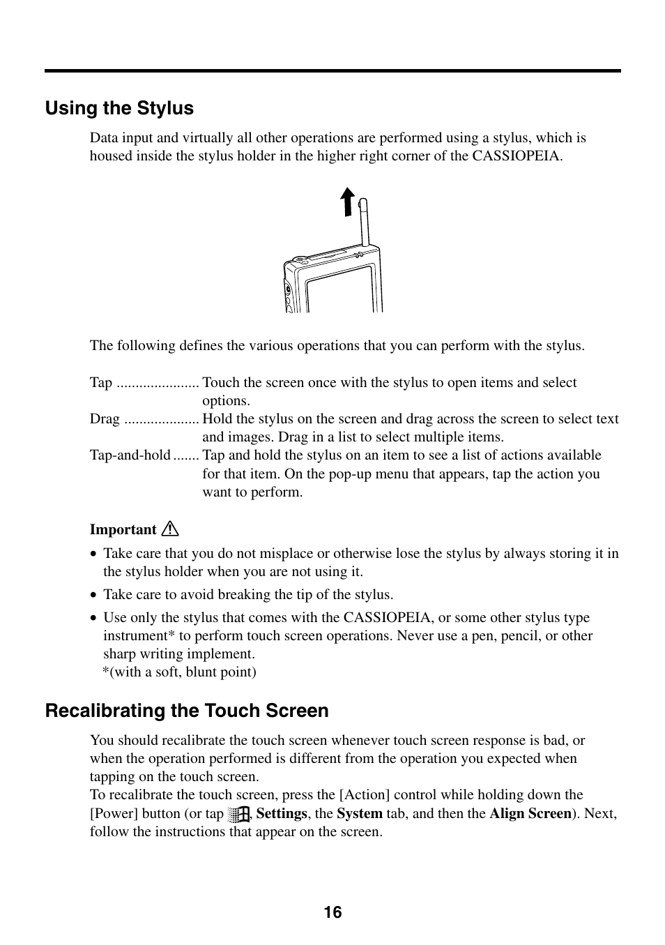Using the stylus, Recalibrating the touch screen | Casio Cassiopeia EM-500 User Manual | Page 16 / 45