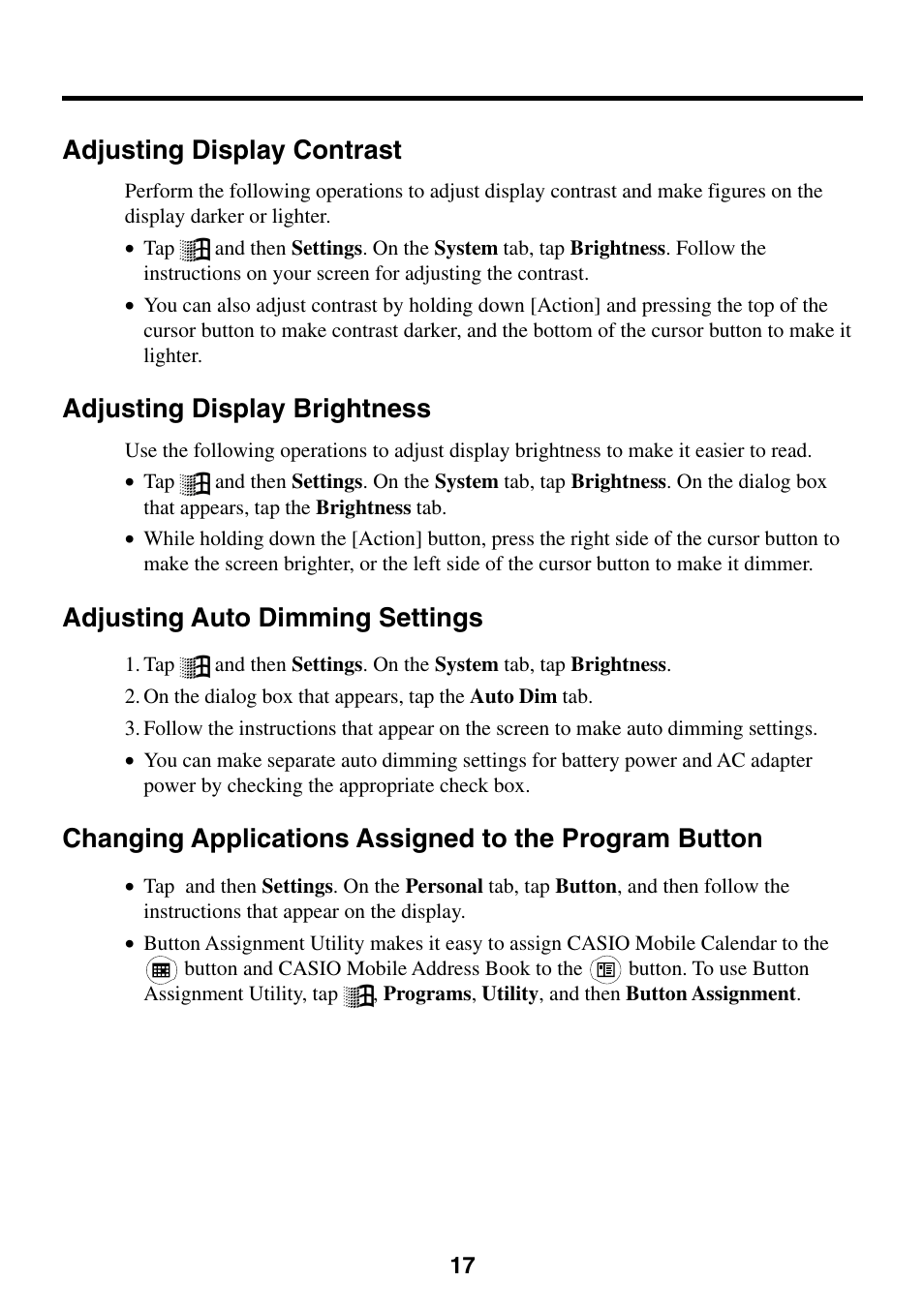 Adjusting display contrast, Adjusting display brightness, Adjusting auto dimming settings | Casio Cassiopeia EM-500 User Manual | Page 17 / 45
