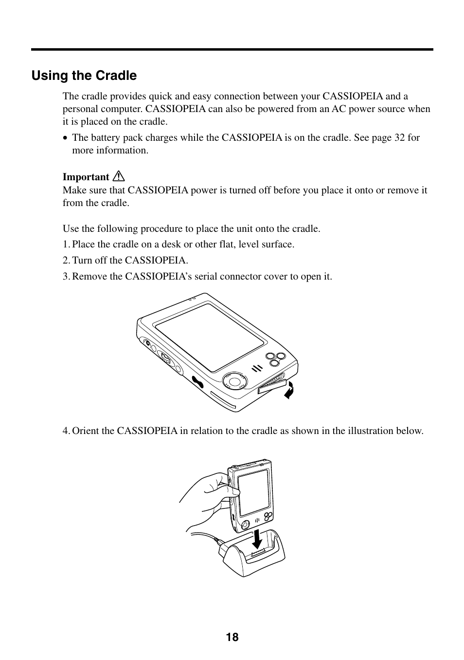 Using the cradle | Casio Cassiopeia EM-500 User Manual | Page 18 / 45