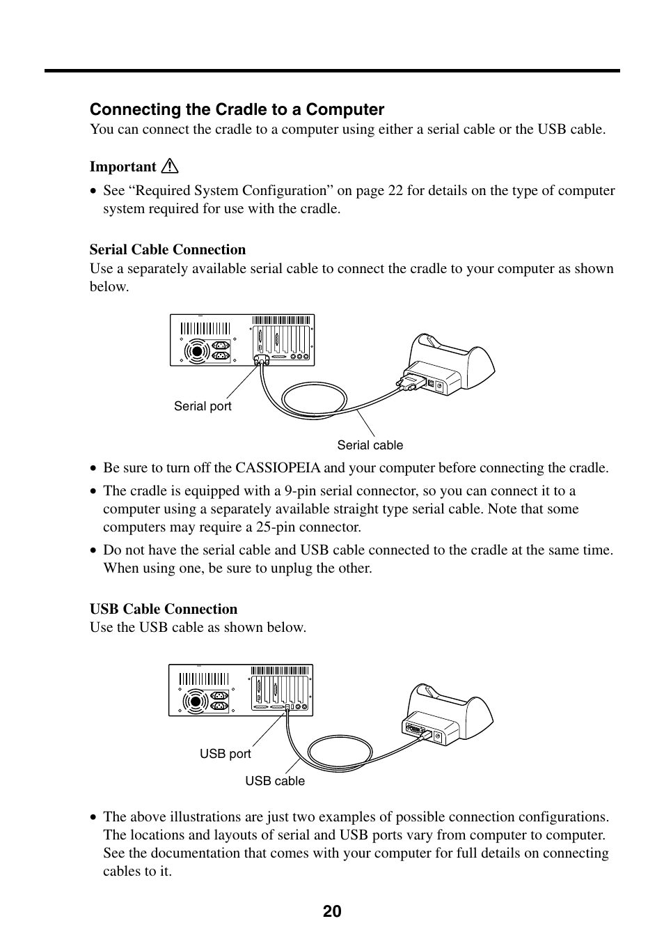 Connecting the cradle to a computer | Casio Cassiopeia EM-500 User Manual | Page 20 / 45