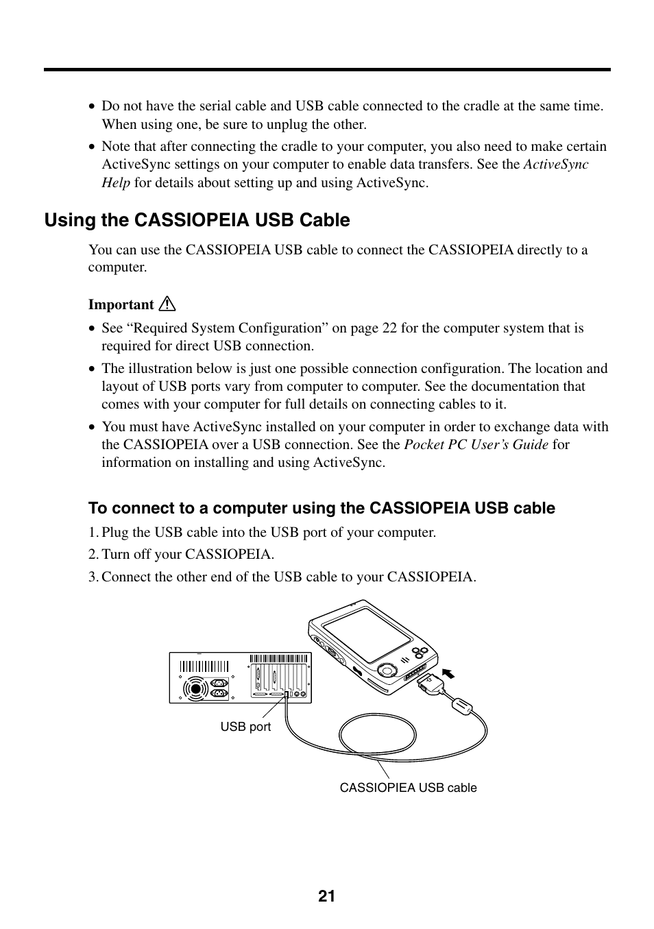 Using the cassiopeia usb cable | Casio Cassiopeia EM-500 User Manual | Page 21 / 45