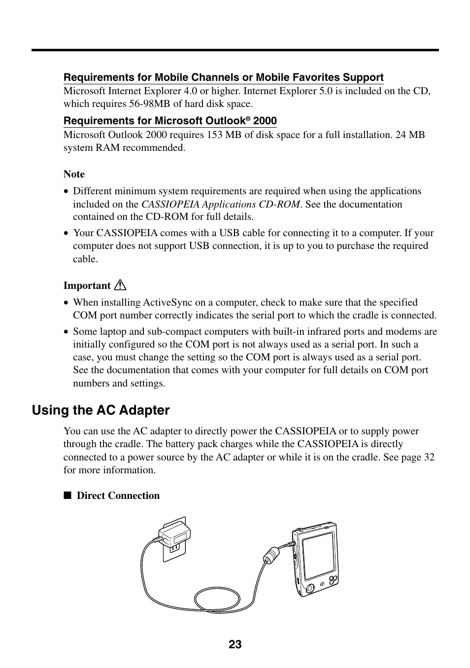 Using the ac adapter | Casio Cassiopeia EM-500 User Manual | Page 23 / 45