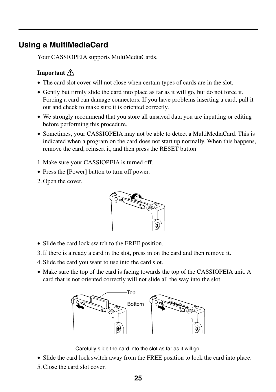 Using a multimediacard | Casio Cassiopeia EM-500 User Manual | Page 25 / 45