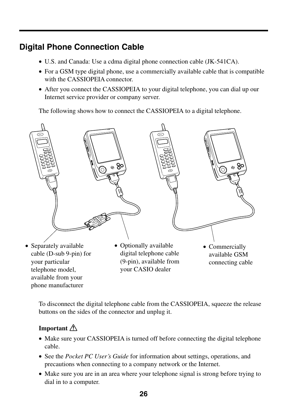 Digital phone connection cable | Casio Cassiopeia EM-500 User Manual | Page 26 / 45