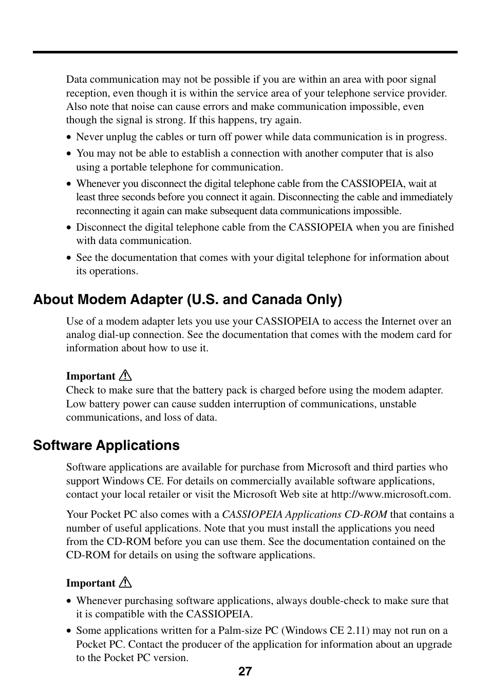 About modem adapter (u.s. and canada only), Software applications | Casio Cassiopeia EM-500 User Manual | Page 27 / 45