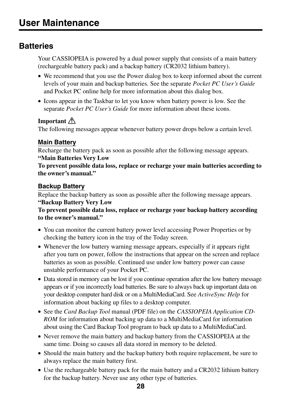 User maintenance, Batteries | Casio Cassiopeia EM-500 User Manual | Page 28 / 45
