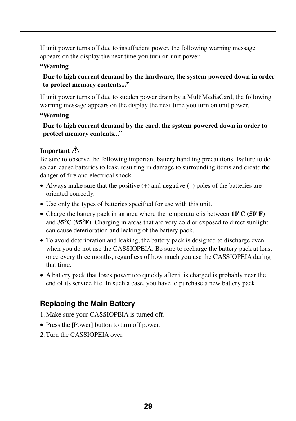 Replacing the main battery | Casio Cassiopeia EM-500 User Manual | Page 29 / 45