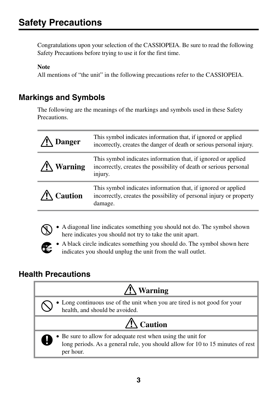 Safety precautions, Markings and symbols, Health precautions warning | Caution, Warning caution danger | Casio Cassiopeia EM-500 User Manual | Page 3 / 45
