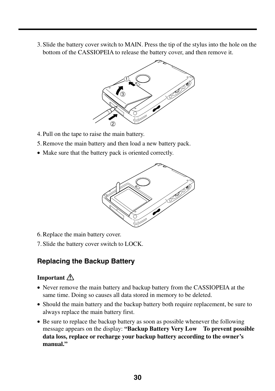 Replacing the backup battery | Casio Cassiopeia EM-500 User Manual | Page 30 / 45