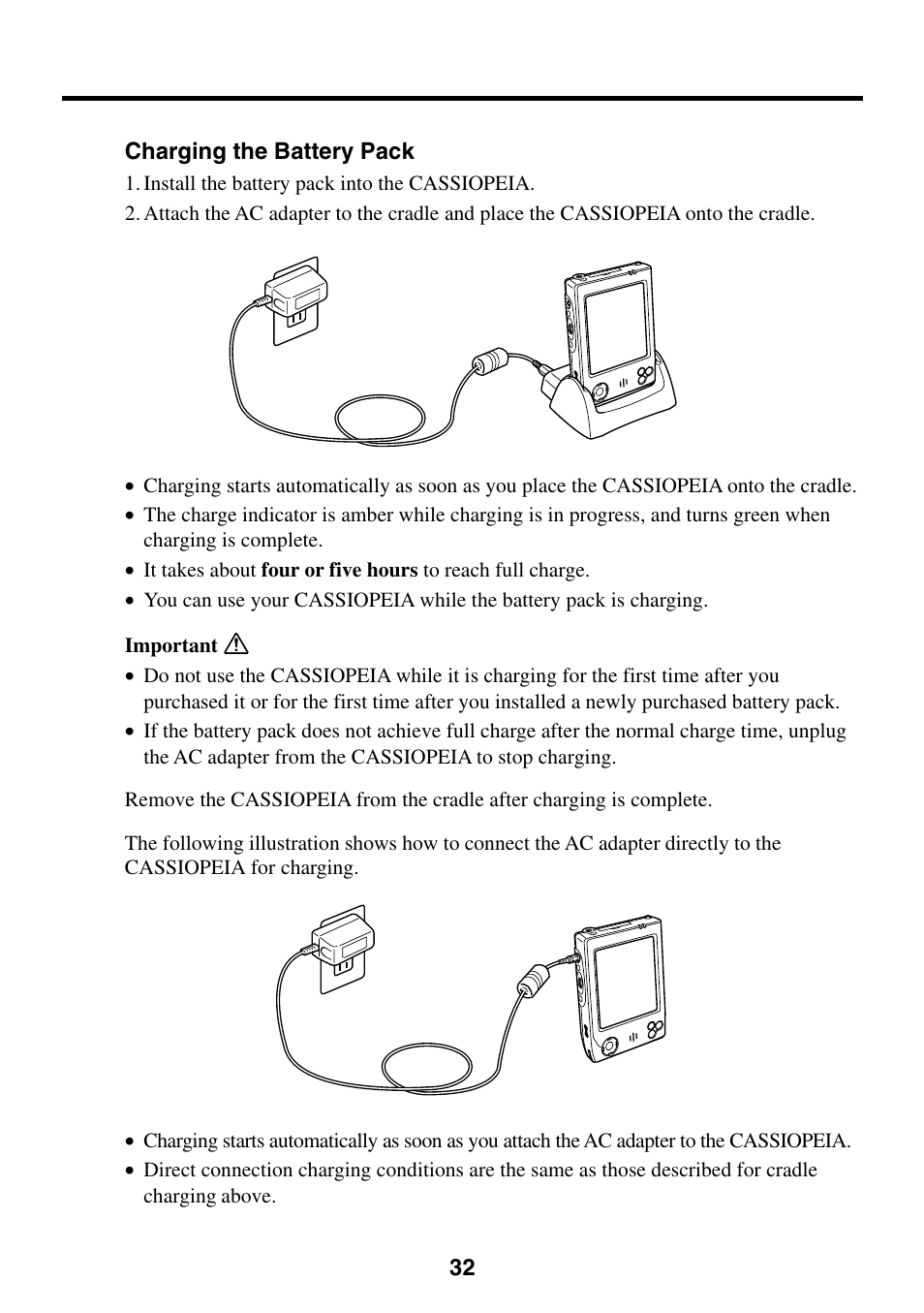 Charging the battery pack | Casio Cassiopeia EM-500 User Manual | Page 32 / 45