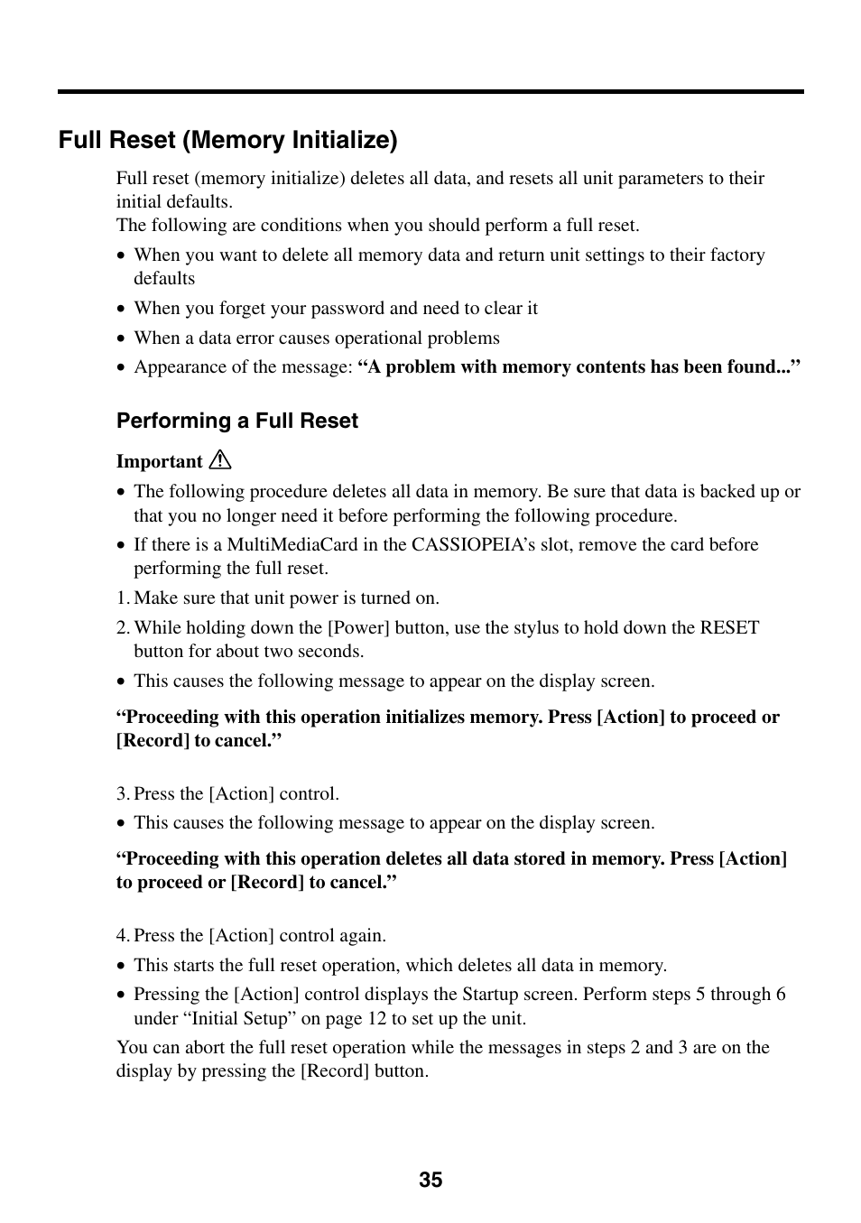 Full reset (memory initialize), Performing a full reset | Casio Cassiopeia EM-500 User Manual | Page 35 / 45