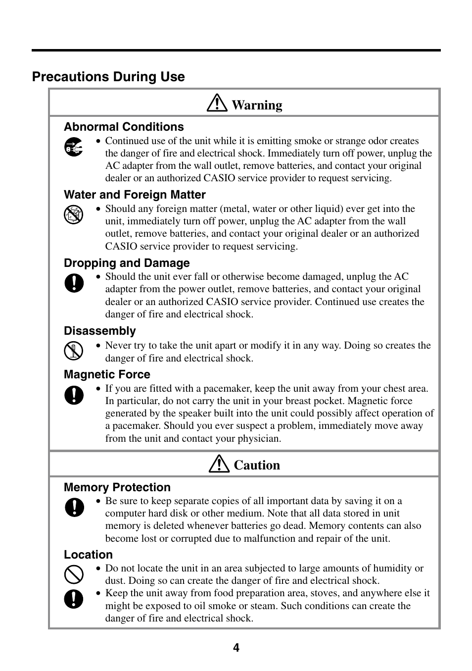 Precautions during use warning, Caution | Casio Cassiopeia EM-500 User Manual | Page 4 / 45