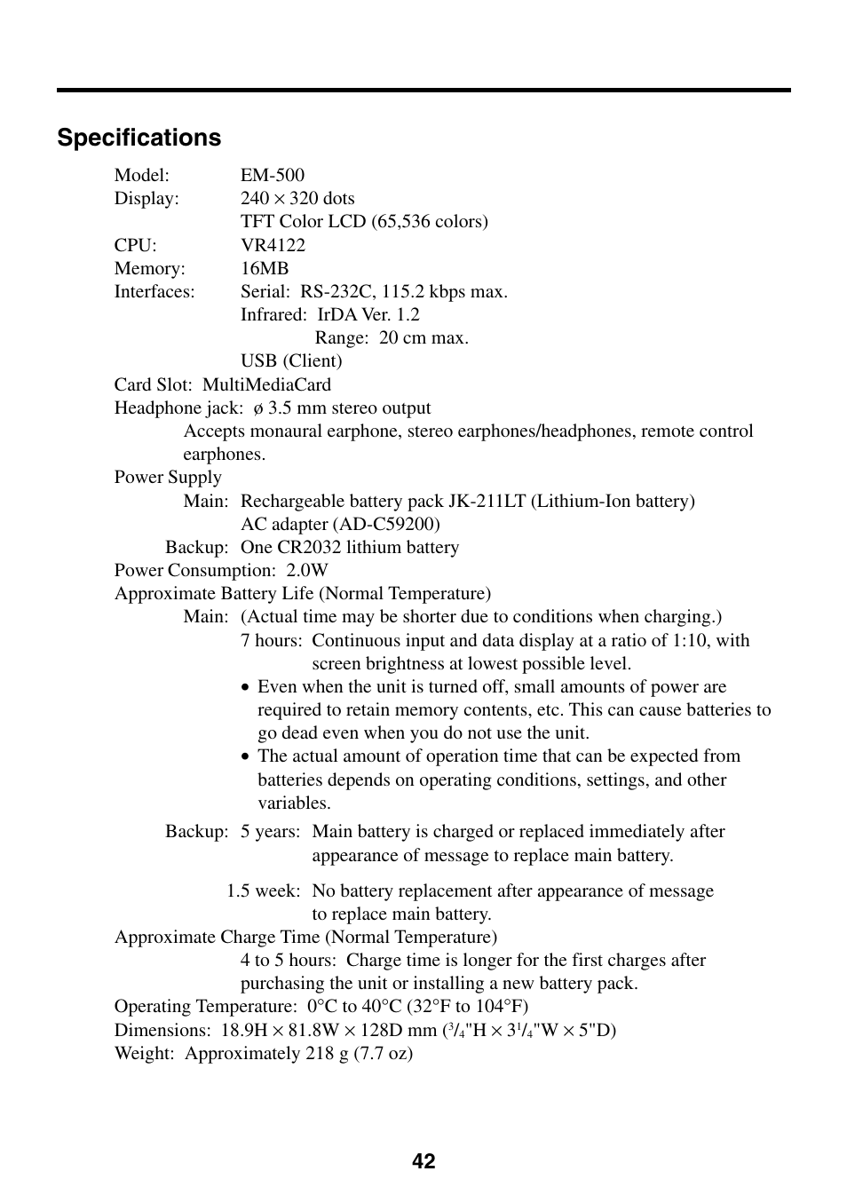 Specifications | Casio Cassiopeia EM-500 User Manual | Page 42 / 45