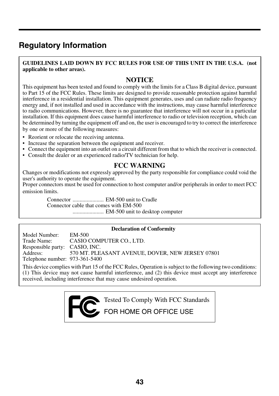 Regulatory information | Casio Cassiopeia EM-500 User Manual | Page 43 / 45