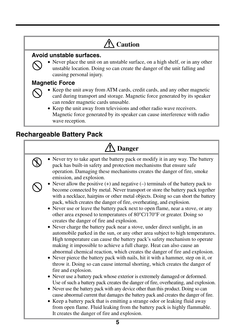 Caution, Rechargeable battery pack danger | Casio Cassiopeia EM-500 User Manual | Page 5 / 45