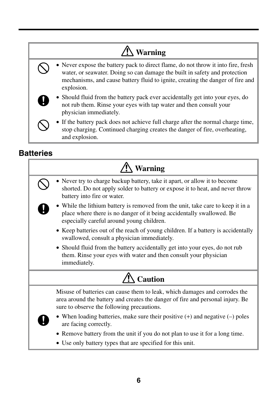 Warning, Batteries warning, Caution | Casio Cassiopeia EM-500 User Manual | Page 6 / 45