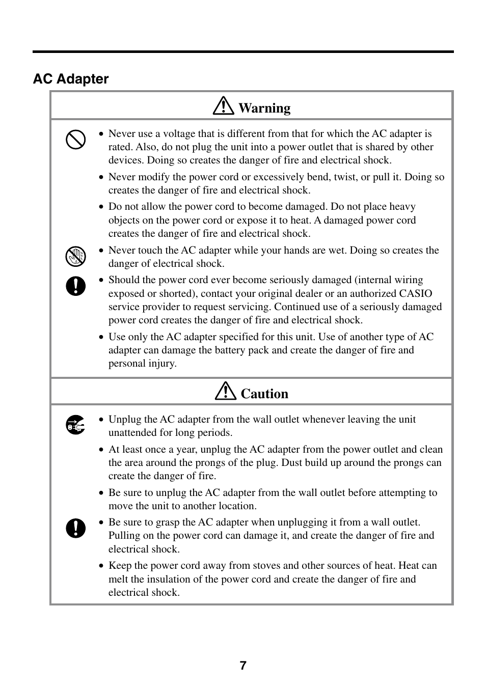 Ac adapter warning, Caution | Casio Cassiopeia EM-500 User Manual | Page 7 / 45